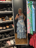Niulatu Blue Sleeveless V-Neck Lace Ruffle Tiered Evening Dress Formal Prom Dress HZ1007