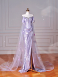 Niulatu Lilac Sequin Tulle Beaded Mermaid Slit Evening Dress Off The Shoulder Tulle Appliques Prom Dress HZ1007