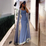 Niulatu Sequin Evening Dresses for Arabic Women Cape Floor Length Mermaid Prom Party Wedding Special Events Dresses HZ1007