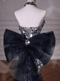Niulatu Glitter Sequins Tulle Mermaid Prom Dress Strapless Evening Dress With Bow HZ1007
