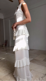 Niulatu White V Neck Chiffon Ruffle Prom Dress Backless Long Evening Dress HZ1007