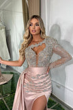 Niulatu Long Pink Mermaid One Shoulder Long Sleeve Glitter Prom Dress With HZ1007