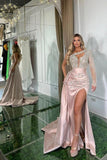 Niulatu Long Pink Mermaid One Shoulder Long Sleeve Glitter Prom Dress With HZ1007