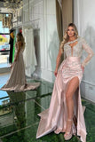 Niulatu Long Pink Mermaid One Shoulder Long Sleeve Glitter Prom Dress With HZ1007