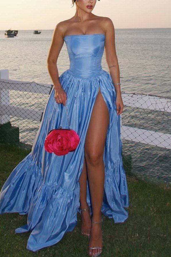 Strapless Pink A-line Taffeta Long Formal HZ0308