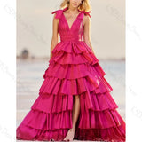 Niulatu Pink V Neck Sleeveless Slit Evening Dress Female Formal Party Prom HZ1007