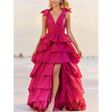 Niulatu Pink V Neck Sleeveless Slit Evening Dress Female Formal Party Prom HZ1007
