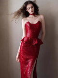 Niulatu Mermaid Strapless Red Sequin Slit Long Prom Dresses HZ1110