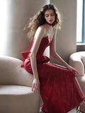 Niulatu Mermaid Strapless Red Sequin Slit Long Prom Dresses HZ1110