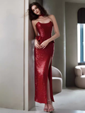 Niulatu Mermaid Strapless Red Sequin Slit Long Prom Dresses HZ1110