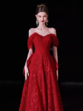 Niulatu A Line Sweetheart Red Lace Long Prom Dresses HZ1110