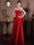 Niulatu A Line Sweetheart Red Lace Long Prom Dresses HZ1110