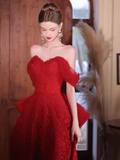 Niulatu A Line Sweetheart Red Lace Long Prom Dresses HZ1110