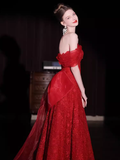 Niulatu A Line Sweetheart Red Lace Long Prom Dresses HZ1110