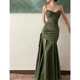 Niulatu Sheath Spaghetti Straps Floor Length Olive Green Long Party Dresses Birthday Outfits SD433
