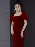 Niulatu A Line Square Neckline Red Slit Long Prom Dresses HZ1110
