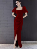 Niulatu A Line Square Neckline Red Slit Long Prom Dresses HZ1110