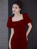 Niulatu A Line Square Neckline Red Slit Long Prom Dresses HZ1110