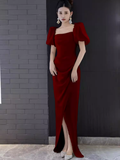 Niulatu A Line Square Neckline Red Slit Long Prom Dresses HZ1110