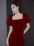 Niulatu A Line Square Neckline Red Slit Long Prom Dresses HZ1110