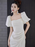 Niulatu A Line Square Neckline White Slit Long Prom Dresses HZ1110