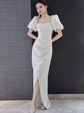Niulatu A Line Square Neckline White Slit Long Prom Dresses HZ1110