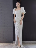 Niulatu A Line Square Neckline White Slit Long Prom Dresses HZ1110