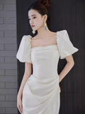 Niulatu A Line Square Neckline White Slit Long Prom Dresses HZ1110