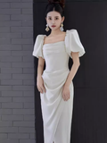Niulatu A Line Square Neckline White Slit Long Prom Dresses HZ1110