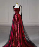 Niulatu A Line Burgundy Sequin Long Prom Dresses HZ1110