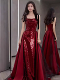 Niulatu A Line Burgundy Sequin Long Prom Dresses HZ1110