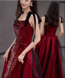 Niulatu A Line Burgundy Sequin Long Prom Dresses HZ1110