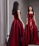 Niulatu A Line Burgundy Sequin Long Prom Dresses HZ1110