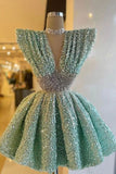 Niulatu Deep V-Neck Cap Sleeves Homecoming Dress with Sequins Beadings HZ1110