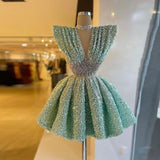 Niulatu Deep V-Neck Cap Sleeves Homecoming Dress with Sequins Beadings HZ1110