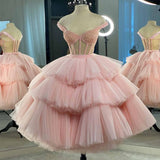 Niulatu Gown Puffy Straps Tiered Pink Tea Length Homecoming Dress HZ1110