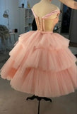 Niulatu Gown Puffy Straps Tiered Pink Tea Length Homecoming Dress HZ1110