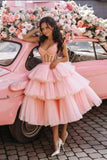 Niulatu Gown Puffy Straps Tiered Pink Tea Length Homecoming Dress HZ1110