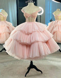 Niulatu Gown Puffy Straps Tiered Pink Tea Length Homecoming Dress HZ1110