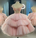 Niulatu Gown Puffy Straps Tiered Pink Tea Length Homecoming Dress HZ1110