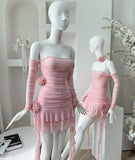 Niulatu A line Strapless Off The Shoulder Pink Homecoming Dress With Flowers HZ1110