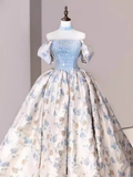 Niulatu Ball Gown Blue Satin Floral Long Prom Dresses HZ1110