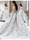 Niulatu Ball Gown Blue Satin Floral Long Prom Dresses HZ1110