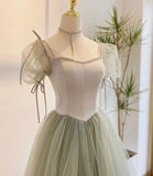 Niulatu line Short Sleeves Green Satin Tulle Long Prom Dress HZ1110