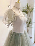 Niulatu line Short Sleeves Green Satin Tulle Long Prom Dress HZ1110