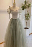 Niulatu line Short Sleeves Green Satin Tulle Long Prom Dress HZ1110