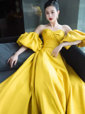 Niulatu Ball Gown Strapless Yellow Satin Long Prom Dresses HZ1110
