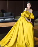 Niulatu Ball Gown Strapless Yellow Satin Long Prom Dresses HZ1110