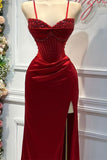 Niulatu Sheath Spaghetti Straps Long Satin Elegant Red Prom Dress With Beads HZ1110