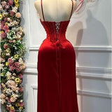 Niulatu Sheath Spaghetti Straps Long Satin Elegant Red Prom Dress With Beads HZ1110